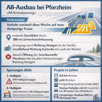 A8-Ausbau bei Pforzheim: Verkehr wechselt auf neue Trasse