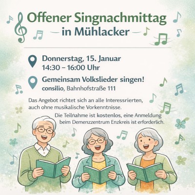 Singnachmittag „Einfach nur singen“ am 15. Januar in Mühlacker