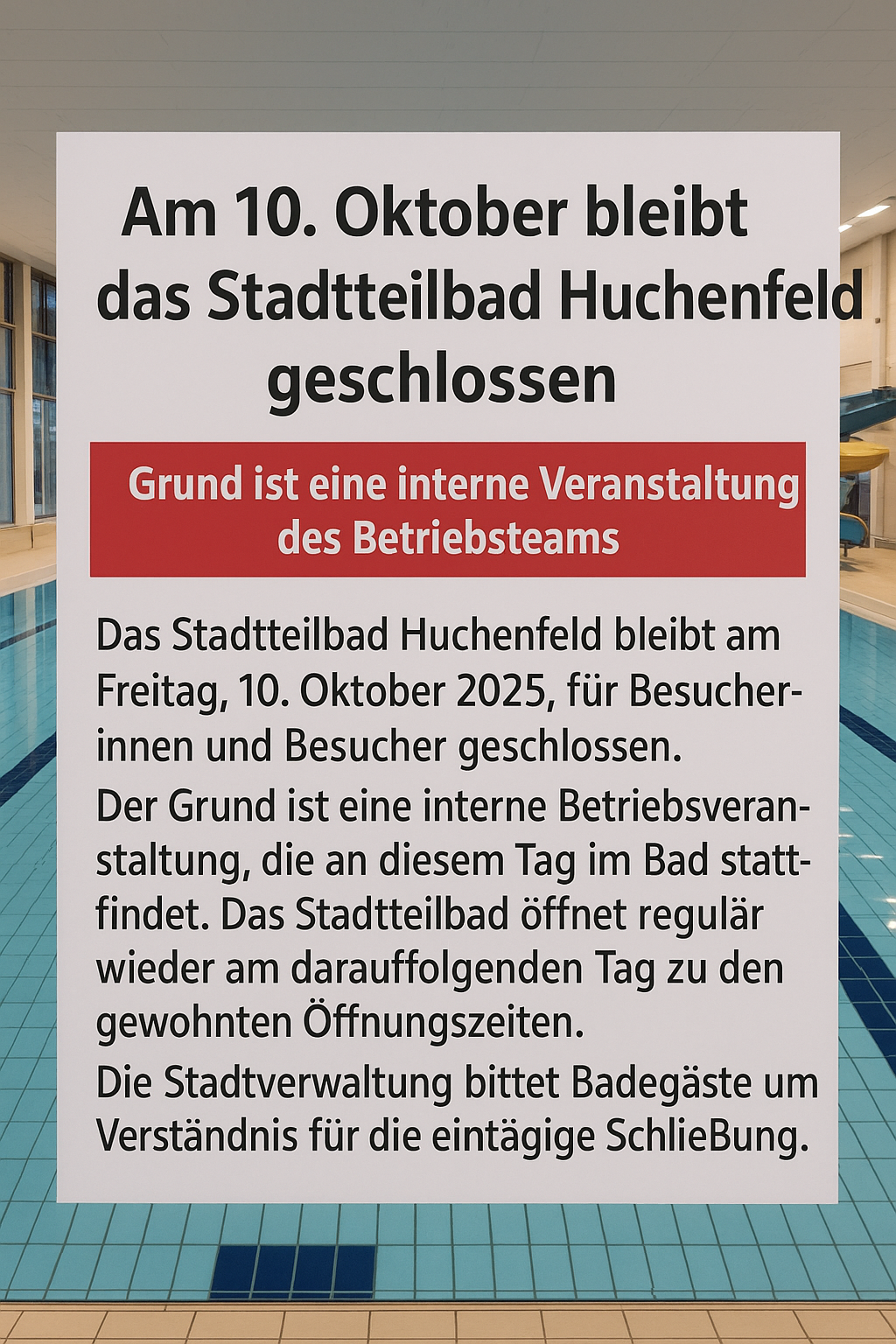 Stadtteilbad Huchenfeld am 10. Oktober 2025 geschlossen