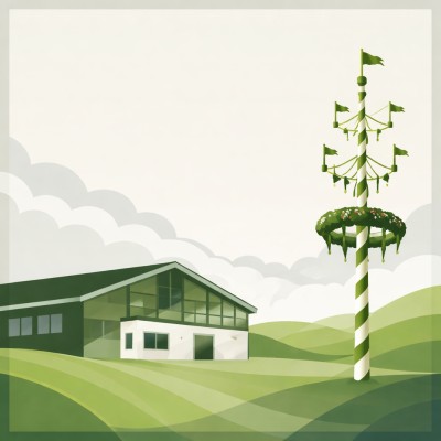 Maibaum und Veranstaltungshalle im Grünen